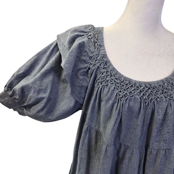 Free People Amelie Chambray Ruffle Hem Puff Sleeve Mini Dress Size Small - Picture 6 of 8